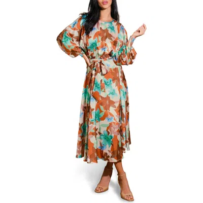 Flying Tomato Bishop Sleeve Satin Midi Dress In Rust Teal