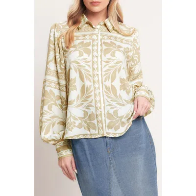Flying Tomato Botanical Print Long Sleeve Button Shirt In Taupe/ Ivory