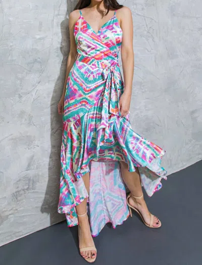 Flying Tomato Bringing The Heat Printed Satin Maxi Dress In Ivory Teal In Multi