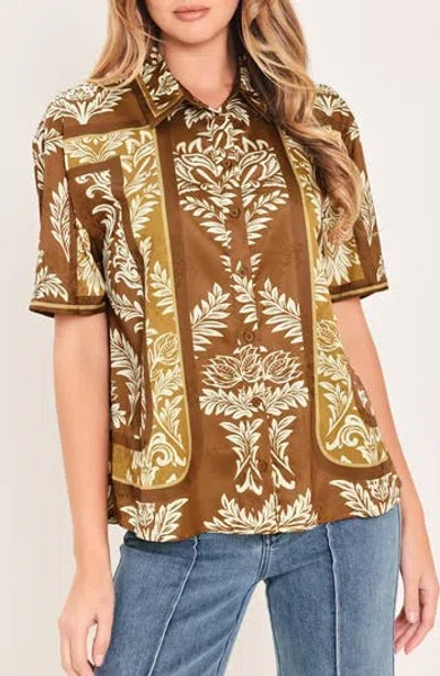 Flying Tomato Button-down Woven Top In Camel