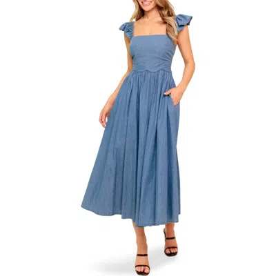 Flying Tomato Cap Sleeve Chambray Midi Dress In Blue