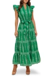 Flying Tomato Cap Sleeve Tiered Cotton Maxi Dress In Green