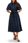 Flying Tomato Cape Sleeve Denim Midi Shirtdress In Blue