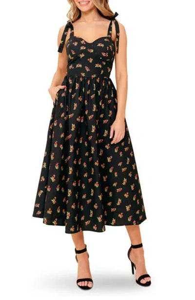 Flying Tomato Cherry Fit & Flare Midi Dress In Black