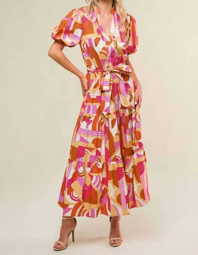 Flying Tomato Clementine Printed Poplin Puff Sleeve Maxi Dress In Camel/pink In Multi