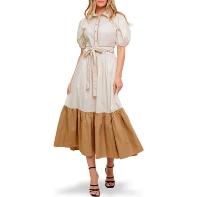 Flying Tomato Colorblock Button-up Midi Dress In Brown