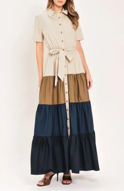 Flying Tomato Colorblock Maxi Shirtdress In Navy Brown