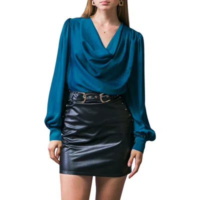 Flying Tomato Cowl Neck Long Sleeve Satin Top In Blue