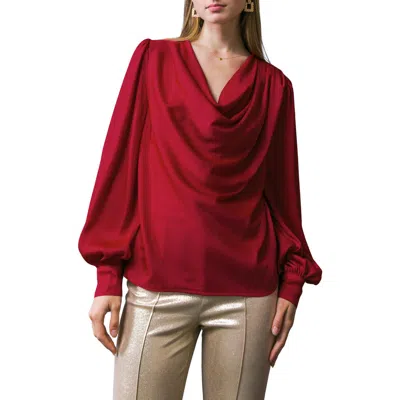 Flying Tomato Cowl Neck Long Sleeve Satin Top In Burgundy