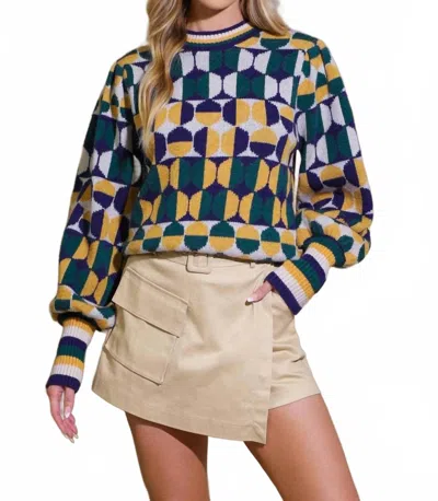 Flying Tomato Cozy Jacquard Knit Long Sleeve Sweater In Green/navy In Multi