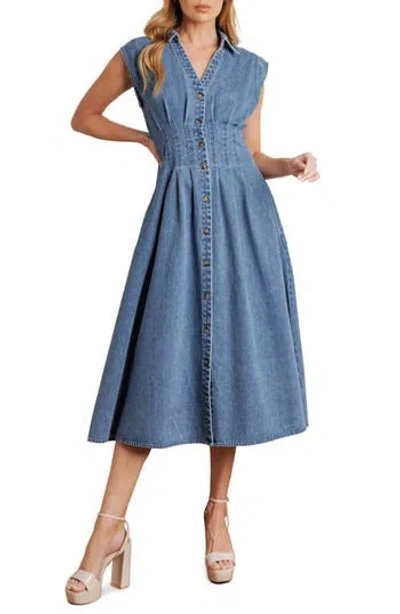 Flying Tomato Denim Button Front Midi Dress In Medium Indigo