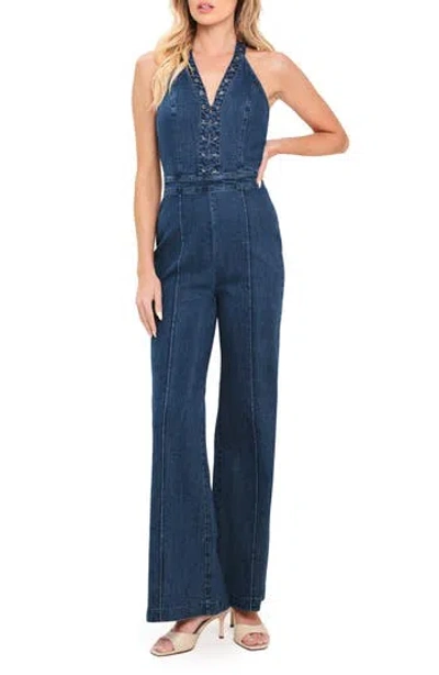 Flying Tomato Denim Halter Jumpsuit In Blue