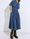 Flying Tomato Gisselle Washed Denim Midi Dress In Medium Wash In Blue
