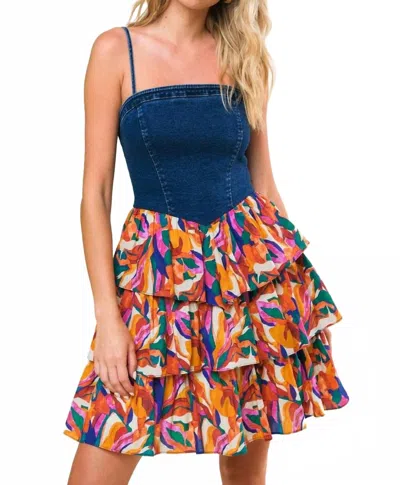 Flying Tomato Denim Printed Woven Midi Dress In Blue Multi In Brown