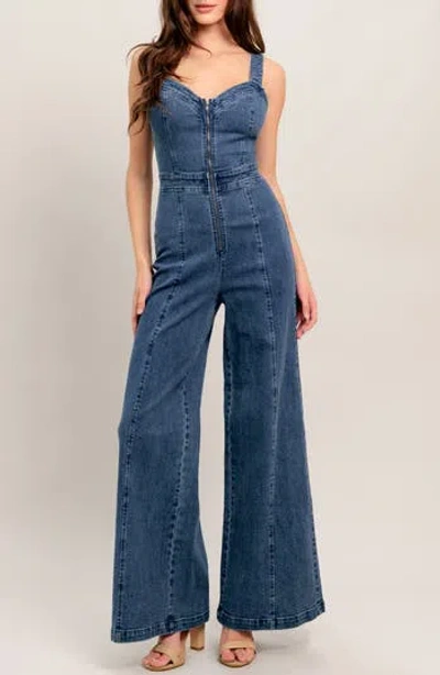 Flying Tomato Denim Wide Leg Jumpsuit In Blue