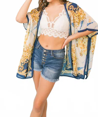Flying Tomato Elizabeth Scarf Print Woven Cover Up Kimono In Blue Multi