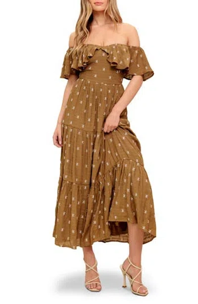 Flying Tomato Embroidered Bow Off-the-shoulder Midi Dress In Brown