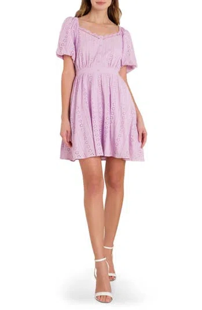 Flying Tomato Embroidered Eyelet Puff Sleeve Cotton Minidress In Lilac