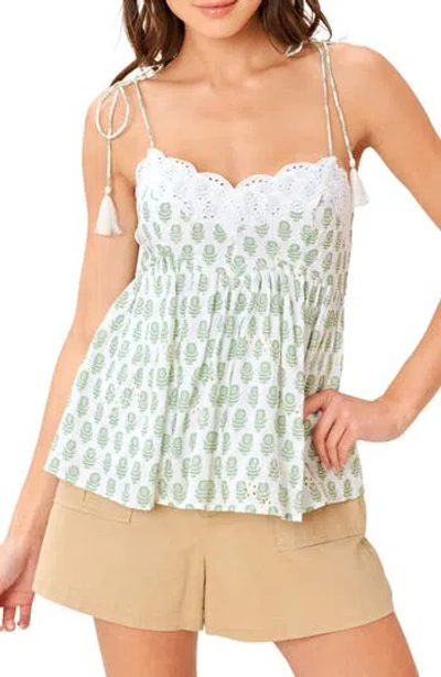 Flying Tomato Embroidered Eyelet Tie Strap Camisole In Ivory/sage