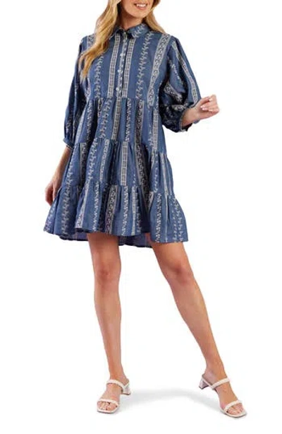 Flying Tomato Embroidered Puff Sleeve Babydoll Dress In Blue