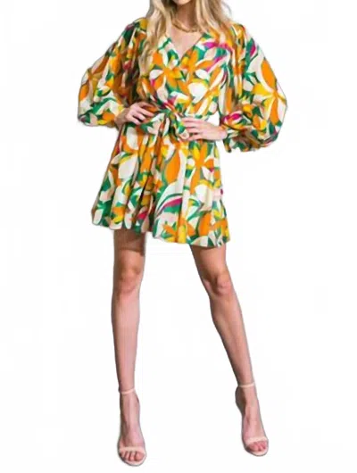 FLYING TOMATO EMERALD SUNSET SURPLICE MINI DRESS IN GREEN ORANGE