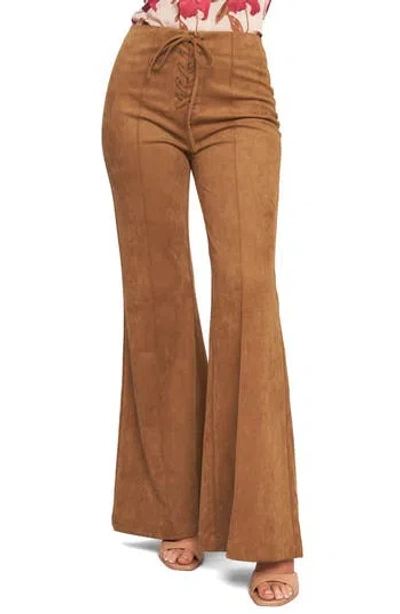 Flying Tomato Faux Suede Bell Bottom Pants In Brown