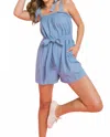 Flying Tomato Feels Like Love Chambray Romper In Medium Indigo In Blue