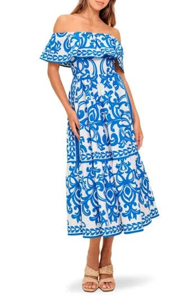 Flying Tomato Filigree Off The Shoulder Midi Dress In Blue
