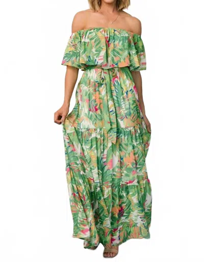 Flying Tomato Flamenco Off Shoulder Maxi Dress In Green In Multi