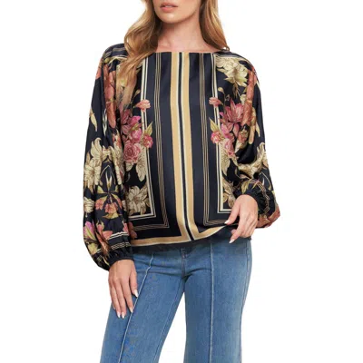 Flying Tomato Floral & Stripe Print Satin Top In Black