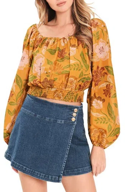 Flying Tomato Floral Bishop Sleeve Crop Top In Mustard