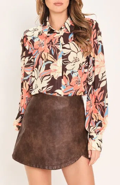 Flying Tomato Floral Button Front Shirt In Dark Brown