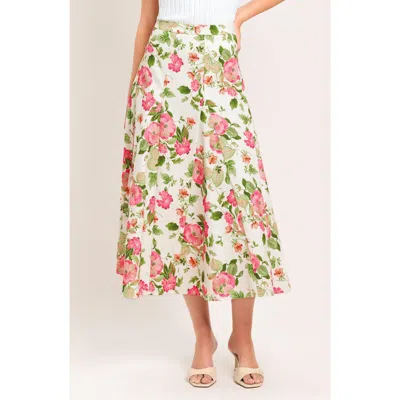 Flying Tomato Floral Cotton Twill Midi Skirt In Multi