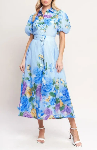 Flying Tomato Floral Crepe Midi Shirtdress In Blue