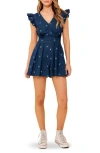 Flying Tomato Floral Embroidered Denim Flutter Sleeve Romper In Blue