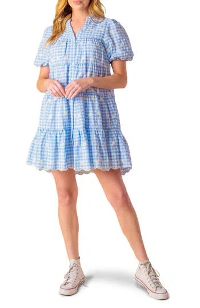 Flying Tomato Floral Embroidered Gingham Puff Sleeve Babydoll Dress