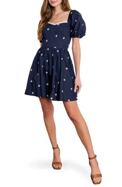 Flying Tomato Floral Embroidered Puff Sleeve Cotton Minidress In Blue