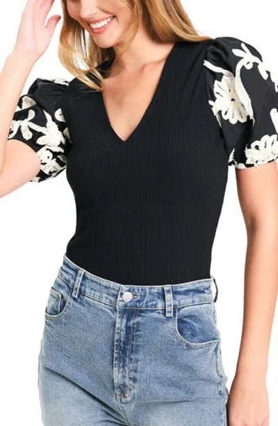Flying Tomato Floral Embroidered Puff Sleeve Ribbed Top In Black