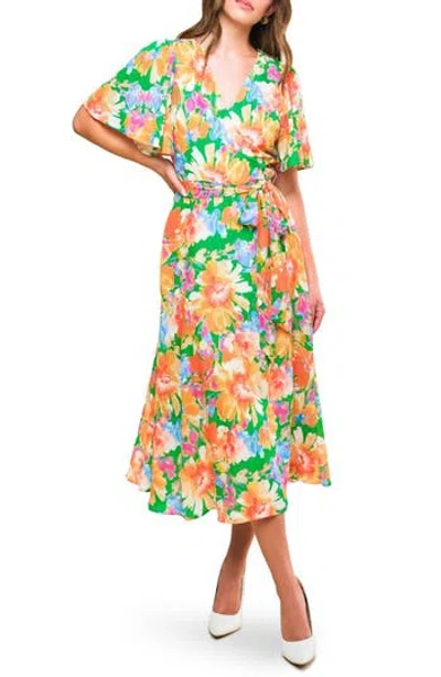 Flying Tomato Floral Flutter Sleeve Wrap Midi Dress In Green