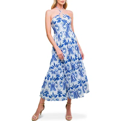 Flying Tomato Floral Halter Neck Cotton Midi Dress In White/blue