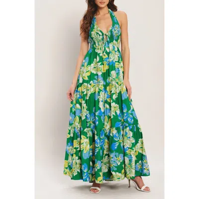 Flying Tomato Floral Halter Neck Maxi Dress In Green