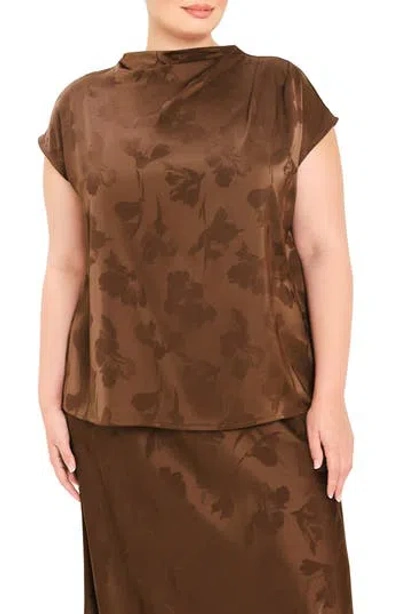 Flying Tomato Floral Jacquard Satin Top In Brown