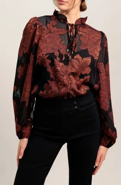 Flying Tomato Floral Jacquard Tie Neck Top In Black