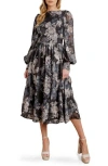 Flying Tomato Floral Long Sleeve Fit & Flare Midi Dress In Black