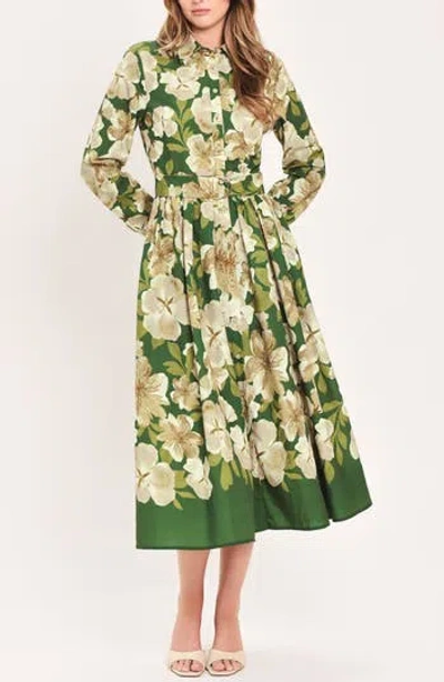 Flying Tomato Floral Long Sleeve Midi Shirtdress In Green