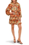 Flying Tomato Floral Long Sleeve Minidress In Brown