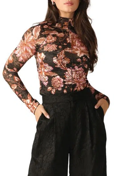 Flying Tomato Floral Long Sleeve Stretch Lace Top In Brown