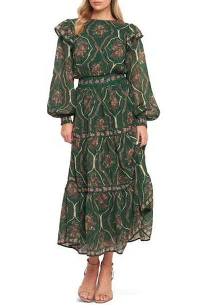 Flying Tomato Floral Long Sleeve Tiered Maxi Dress In Green