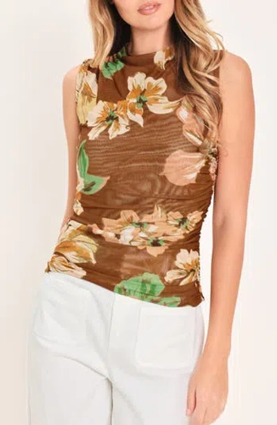 Flying Tomato Floral Mesh Sleeveless Top In Brown