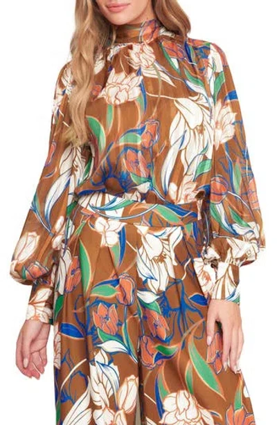 Flying Tomato Floral Mock Neck Long Sleeve Top In Brown